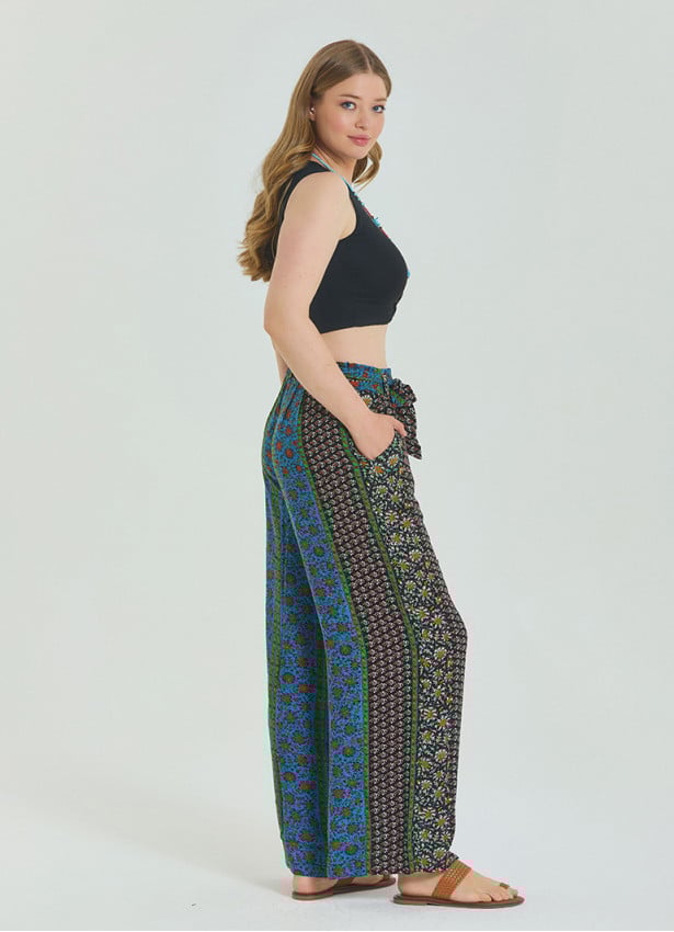 Navy Blue Women's Plus Size Trousers with Elastic Waist Belt Detail 4619